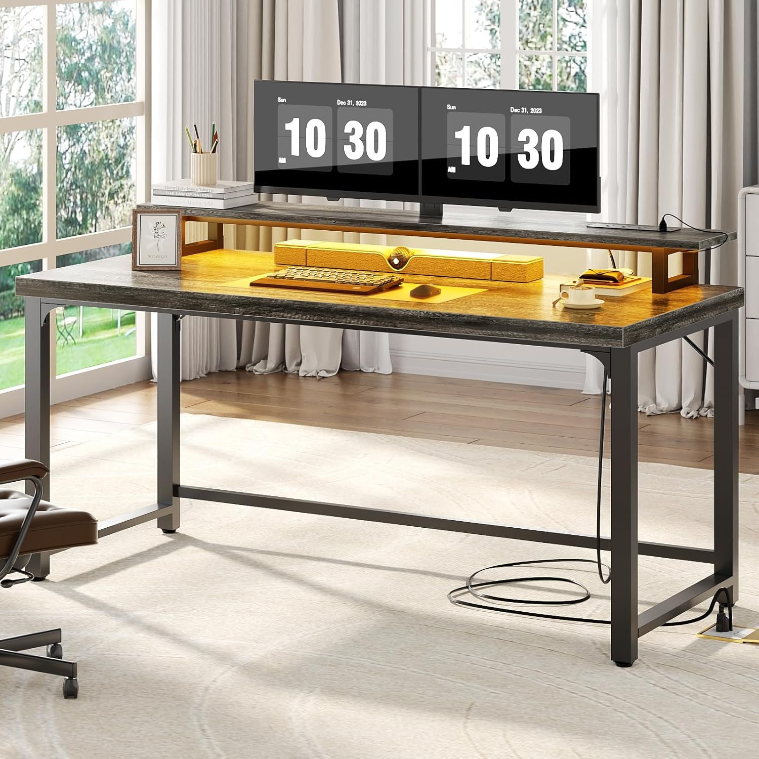 Homieasy Industrial 55 Inch Computer Desk with Socket and LED Light, Thickened Home Office Desk, Writing Study Gaming Table with Storage, Modern Wooden Executive Workstation for Student, Black Oak