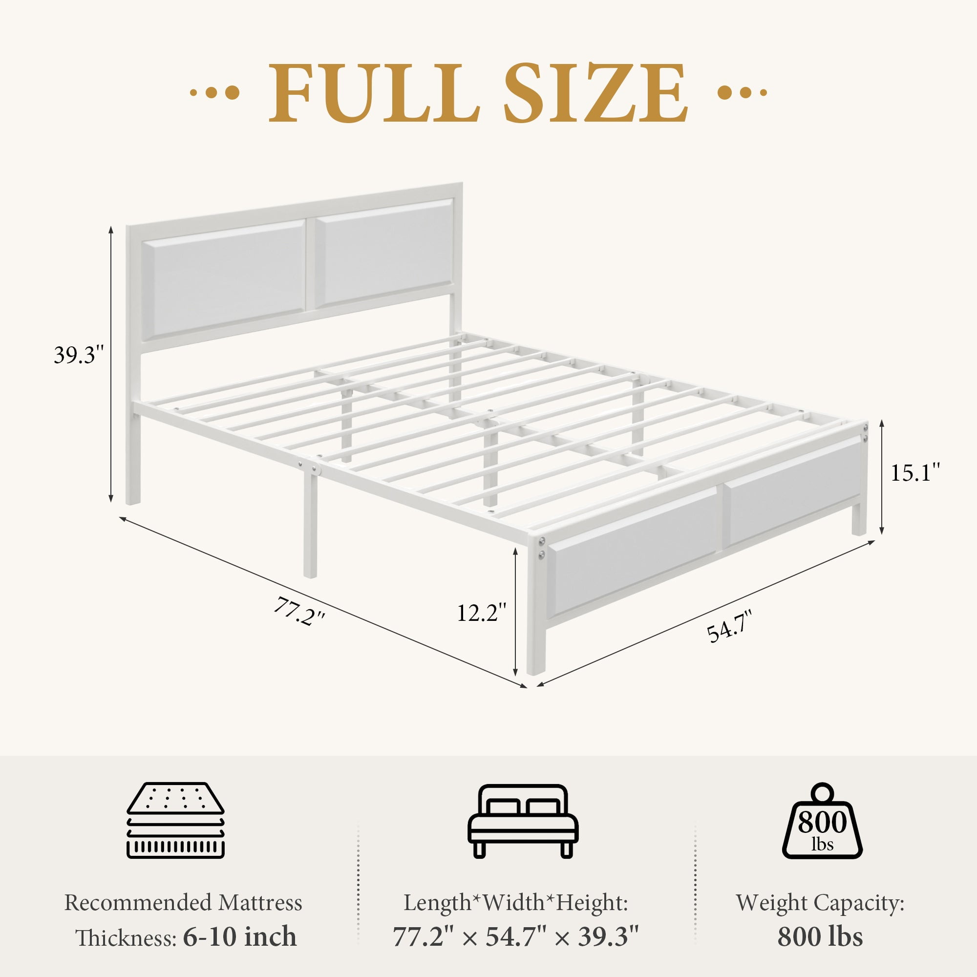 VECELO Full Metal Platform Bed Frame with Wooden Headboard, Heavy Duty Slat Support, No Box Spring Needed, White