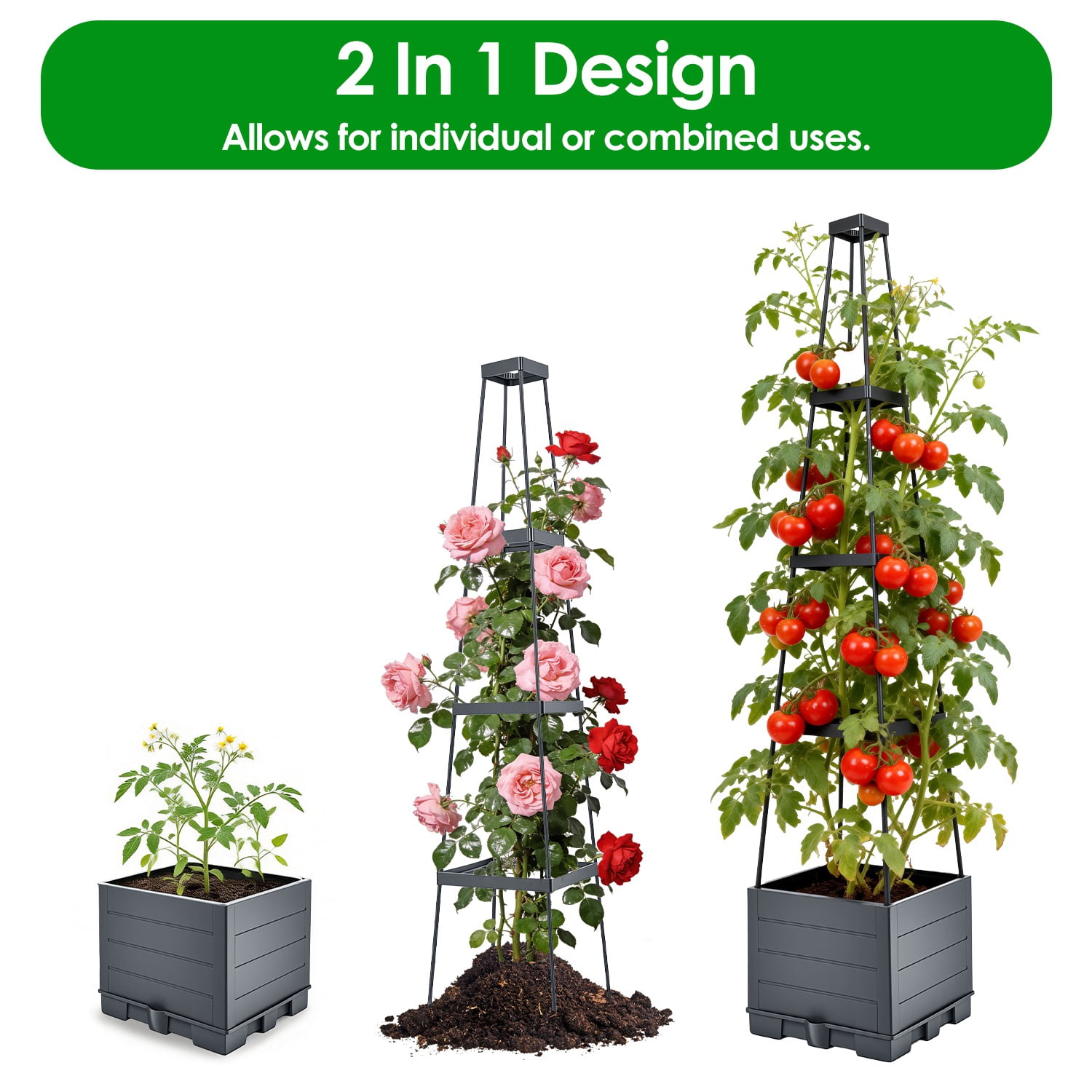 Raised Garden Bed with Trellis, Self-Watering Planter Box 4-Level Adjustable Height PP Planter with Plant Clips & Ties for Climbing Plants Balcony Patio