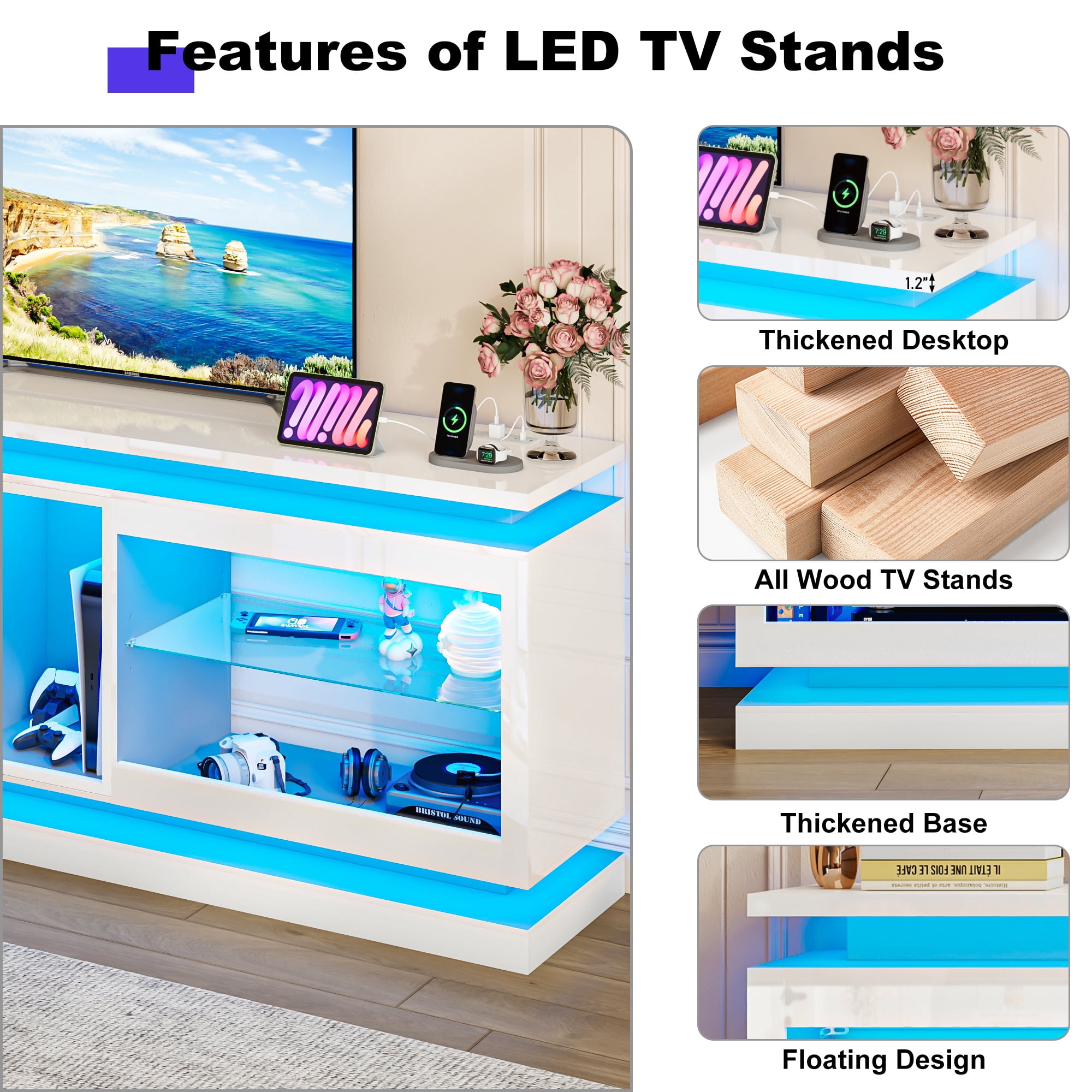 ChVans 80 Inch LED TV Stand with Charging Station,Modern Entertainment Center High Gloss Large TV Stand with Adjustable Shelves,Gaming TV Console for 80/85/90 Inch TVs,White