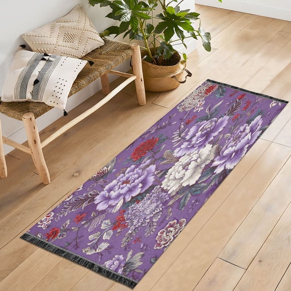 72x23.5 Runner Rug Non Slip Washable Peonies on Dark Purple Background Soft Short Pile Bedroom Runner Carpet for Bedroom Hallway Entryway Kitchen Laundry