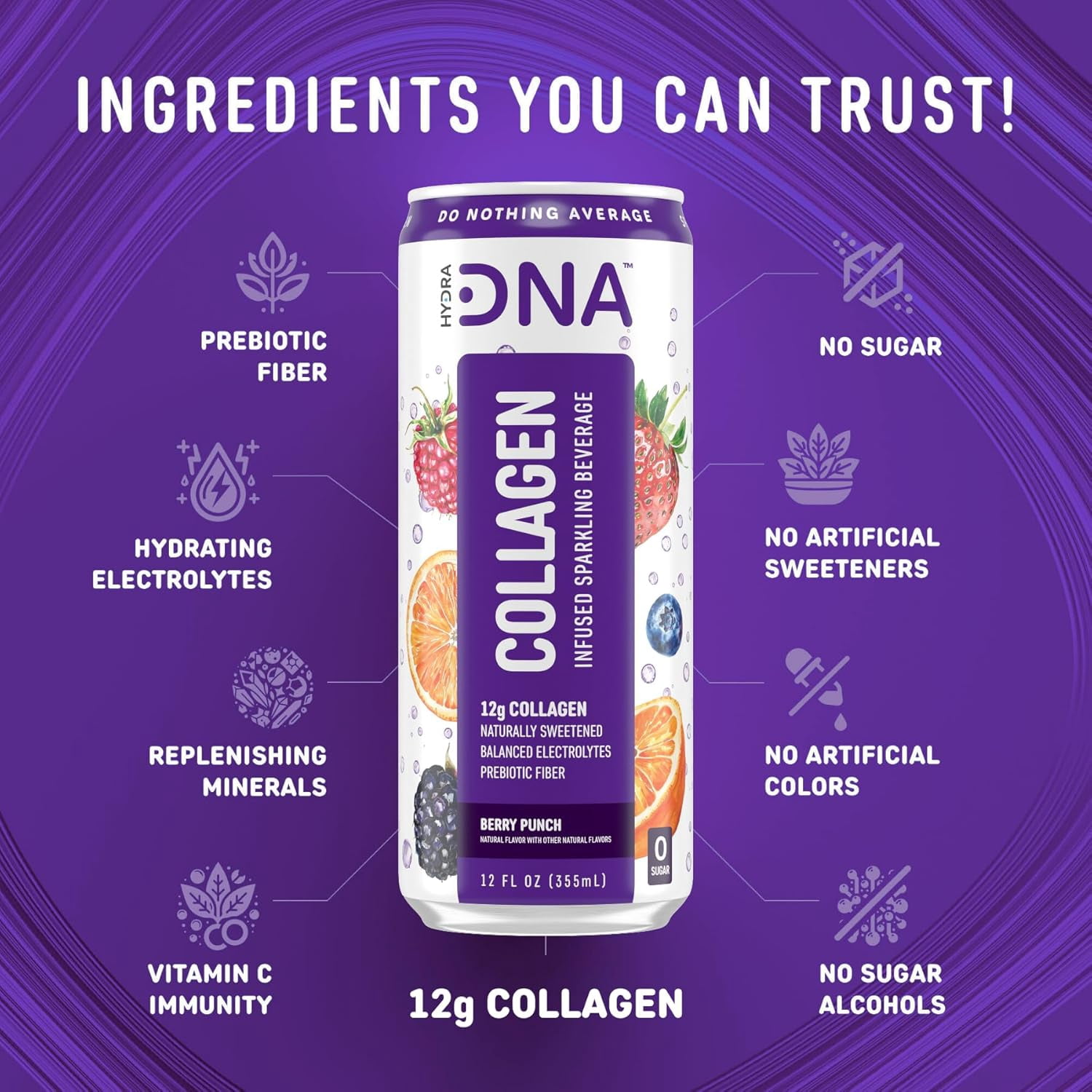 HYDRADNA Berry Punch Collagen Protein Sparkling Water, Sugar-Free, Keto-Friendly, Gluten-Free, 12 Pack, 12 fl oz