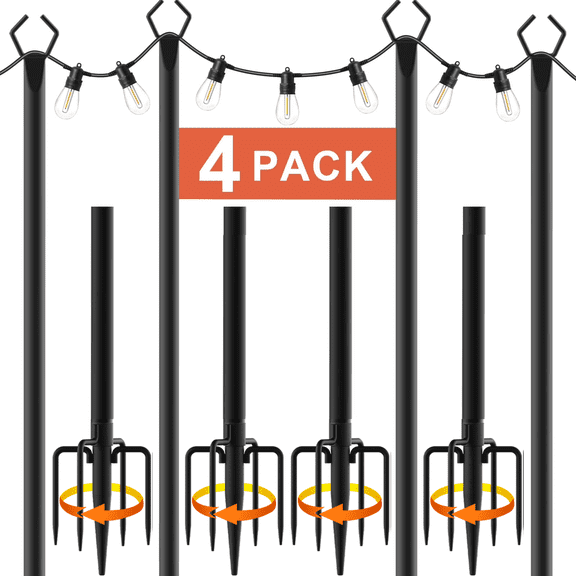 4 Pack 10FT Outdoor String Light Poles with Fence Brackets, Heavy Duty Metal Light Stand for Hanging String Lights, Weatherproof Deck Patio Backyard Garden Light Pole for Wedding Party Holiday Decor