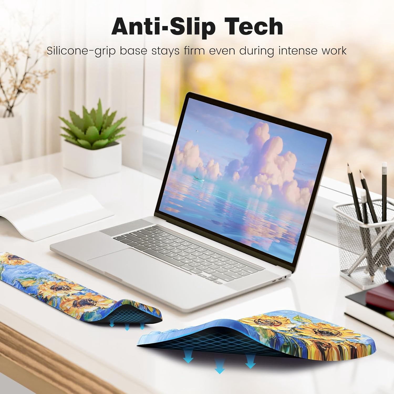 3 in1 Ergonomic Wrist Rest Pad for Computer Keyboard and Mouse, Large Mouse Pad Set with Support for Office, Sunflower