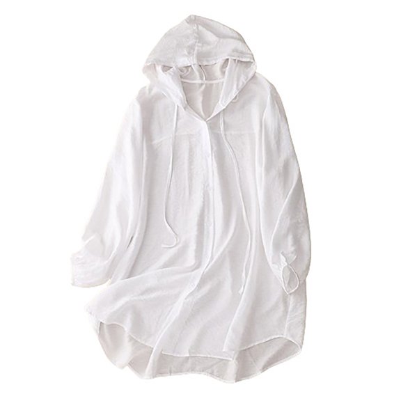 Women's UPF 50 Sun Protection Hoodie Long Sleeve Drawstring Cover Up Solid Button High Low Hem Blouses