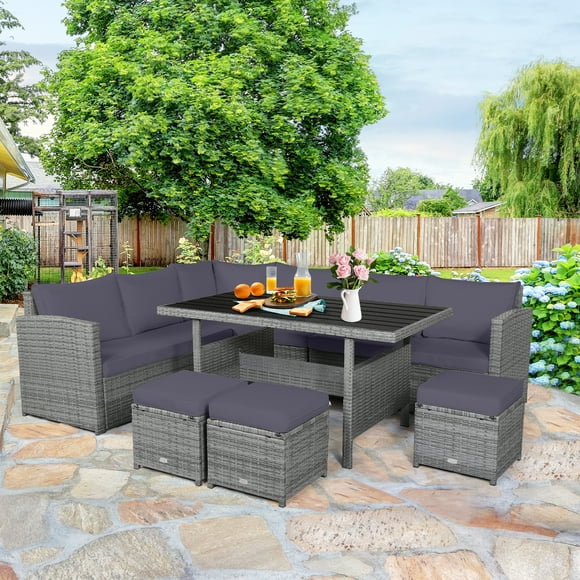 Patiojoy Outdoor Wicker Coversation Set, 7 Piece, with Gray Cushions