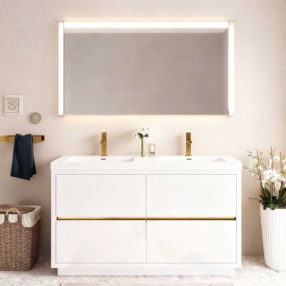 60" Bathroom Vanity Double Sink with Stone Resin Countertop, Freestanding Bathroom Vanity with Soft-Close Drawers Large Bathroom Storage Cabinet Modern White