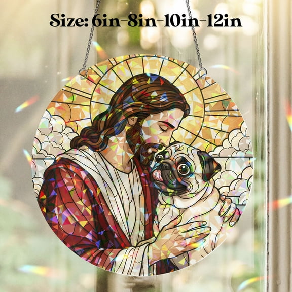 Lotusprinthandmade Jesus and Pug Christian Gift Custom Shape Broken Glass Hologram Ornament 3.5in, christian pug ornament
