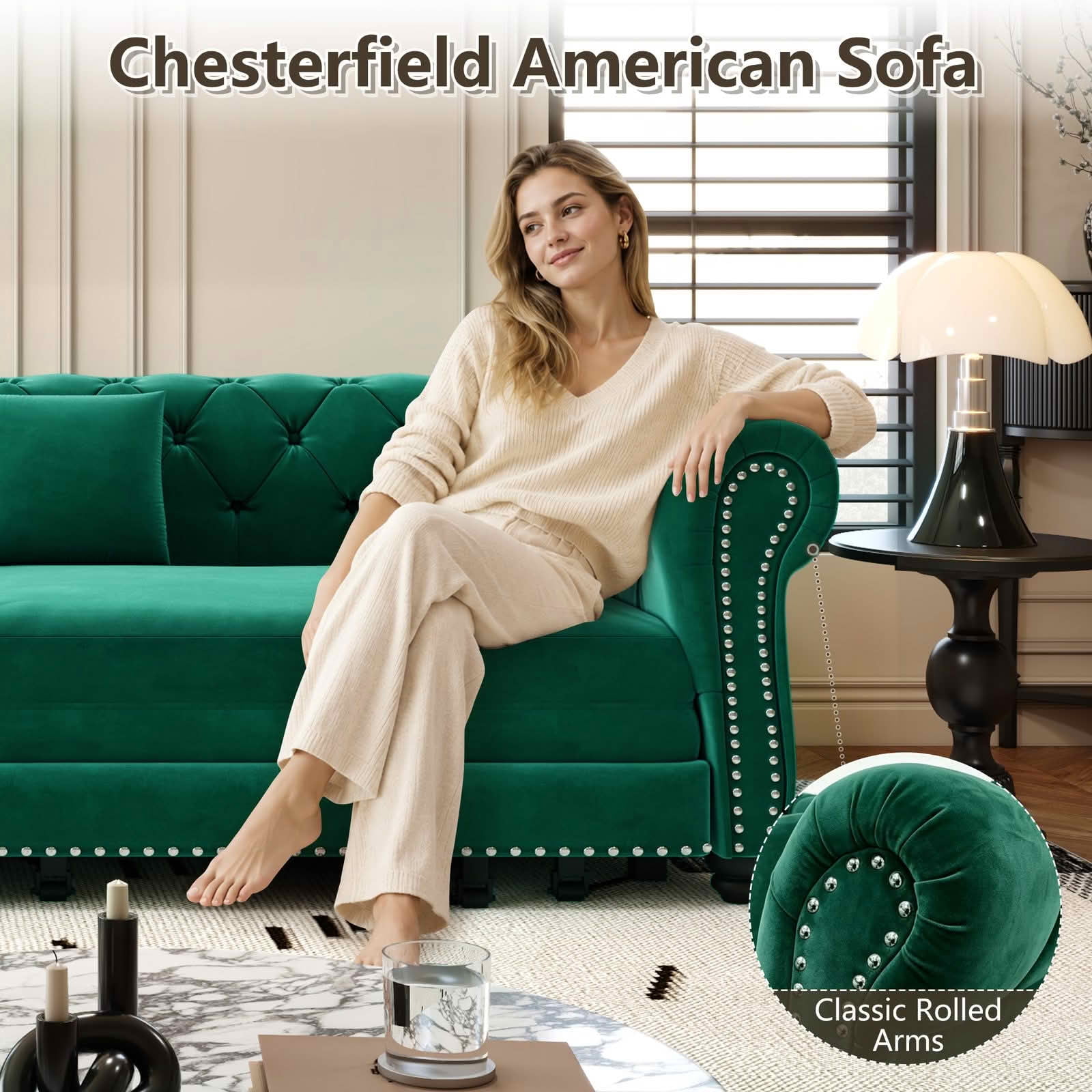 MAYEERTY 89" Chesterfield 3‑in‑1 Pull‑Out Sofa Bed, Tufted Velvet 3‑Seater Couch with Movable Ottoman, King Size Sleeper Chaise Lounge, 4 Pillows Included