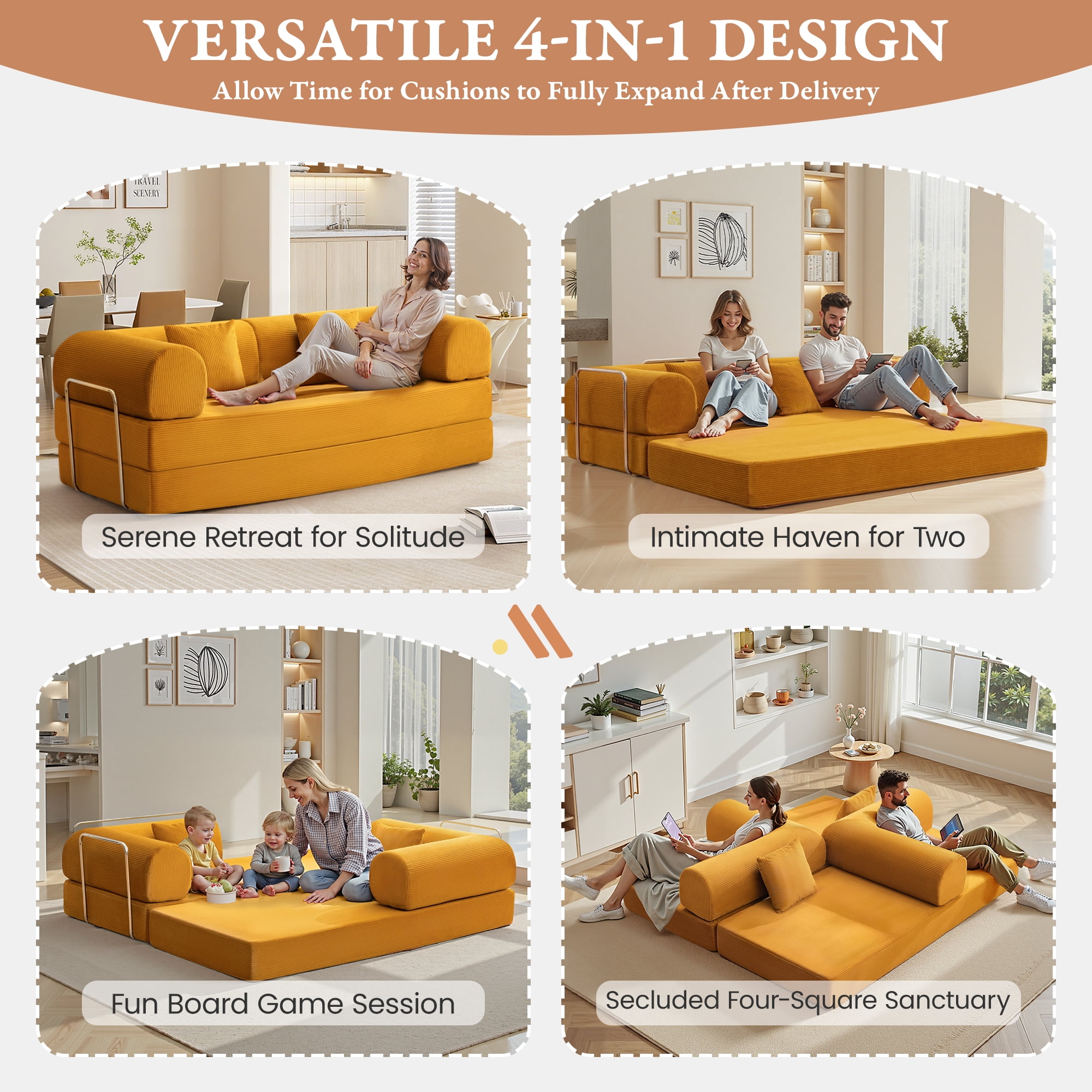 COOLHUT 78.7" W Combination Sofa, High Rebound Density Foam Sofa Couch, Two Forms Floor Couch Three Seats Sofa Bed for Living Room, Bedroom, Ginger
