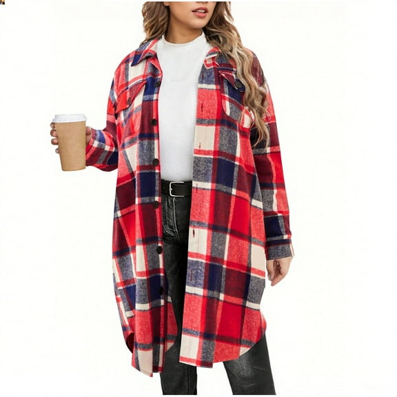 Womens Plus Size Flannel Plaid Shirts Warmth Tunic Coat with Pockets and Button Lapel Long Sleeve Shirts 2025 Fashion Fall Tartan Winter Trench Long Clothing