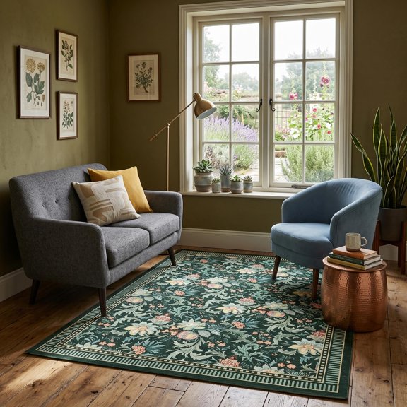 Washable Area Rug, Soft Pearl Velvet Carpet, Non Slip Low Pile, Machine Washable Foldable Rug, Floral Leaf Pattern Modern, for Living Room, Bedroom, Dining Room, Dark Green 5*7ft