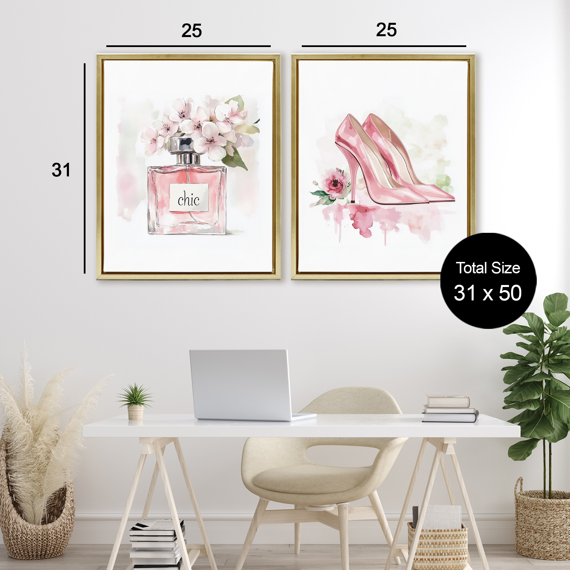 Rosy Pastel Perfume & Heels 2 Piece Gold Framed Floater Canvas Set, design by Christine Simpson Art
