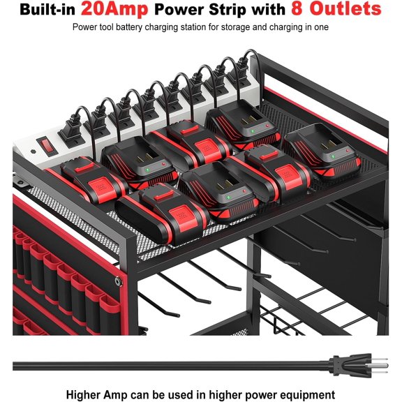 Large Power Tool Organizer Cart with 20A Charging Station, Heavy Duty Storage  for Drills and Batteries, Rolling Tool Cart on Wheels, Red