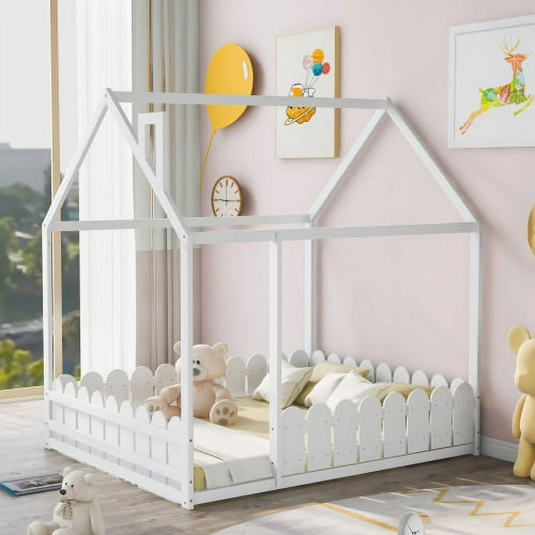 Full Size Wood Bed House Bed Frame with Fence Cabin Bed Floor Bed Nursery Furniture Kids Tent Bed Play Tent White Walmart