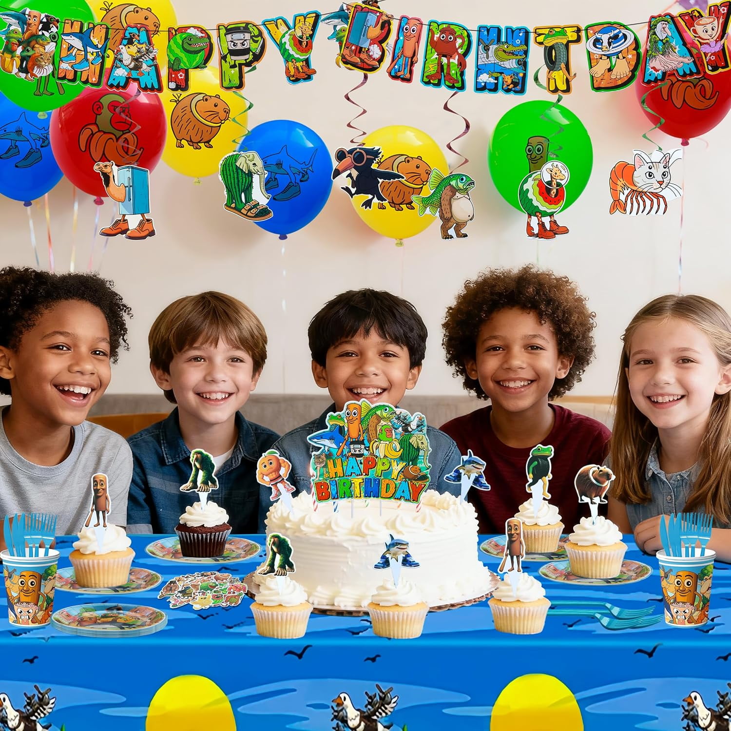 147pcs Italian Brainrot Birthday Party Decorations Set With Happy Birthday Banner, Balloons, Cupcake Toppers,Disposable Cutlery Set For Party Favors(tung tung tung sahur)