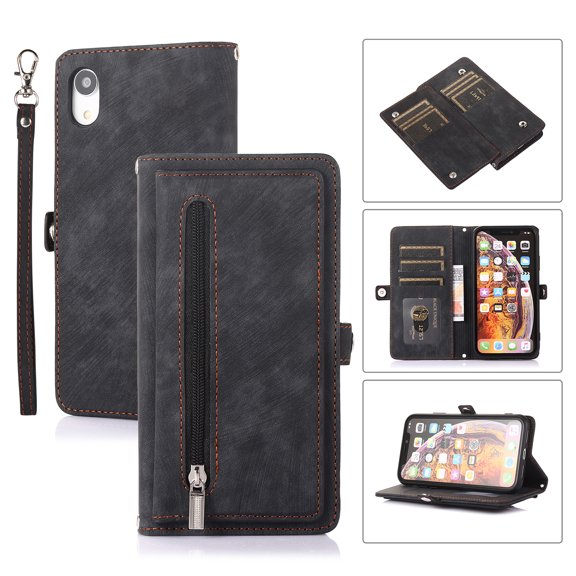 for iPhone XR Wallet Case for Women Men, iPhone XR Case, Flip Leather Shockproof Magnetic Zipper Pocket Wallet Purse Case w/Stand Card Slot Holder Wrist Strap for iPhone XR,Black