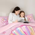 thumbnail image 4 of Manfei Watercolor Rainbow Seashell Pink Bow Full Size Comforter Sets for Girls, Cute Girlish Print Bedding Sets, Pink Reversible 3 Pieces, 1 Comforter and 2 Pillowcases, 4 of 6