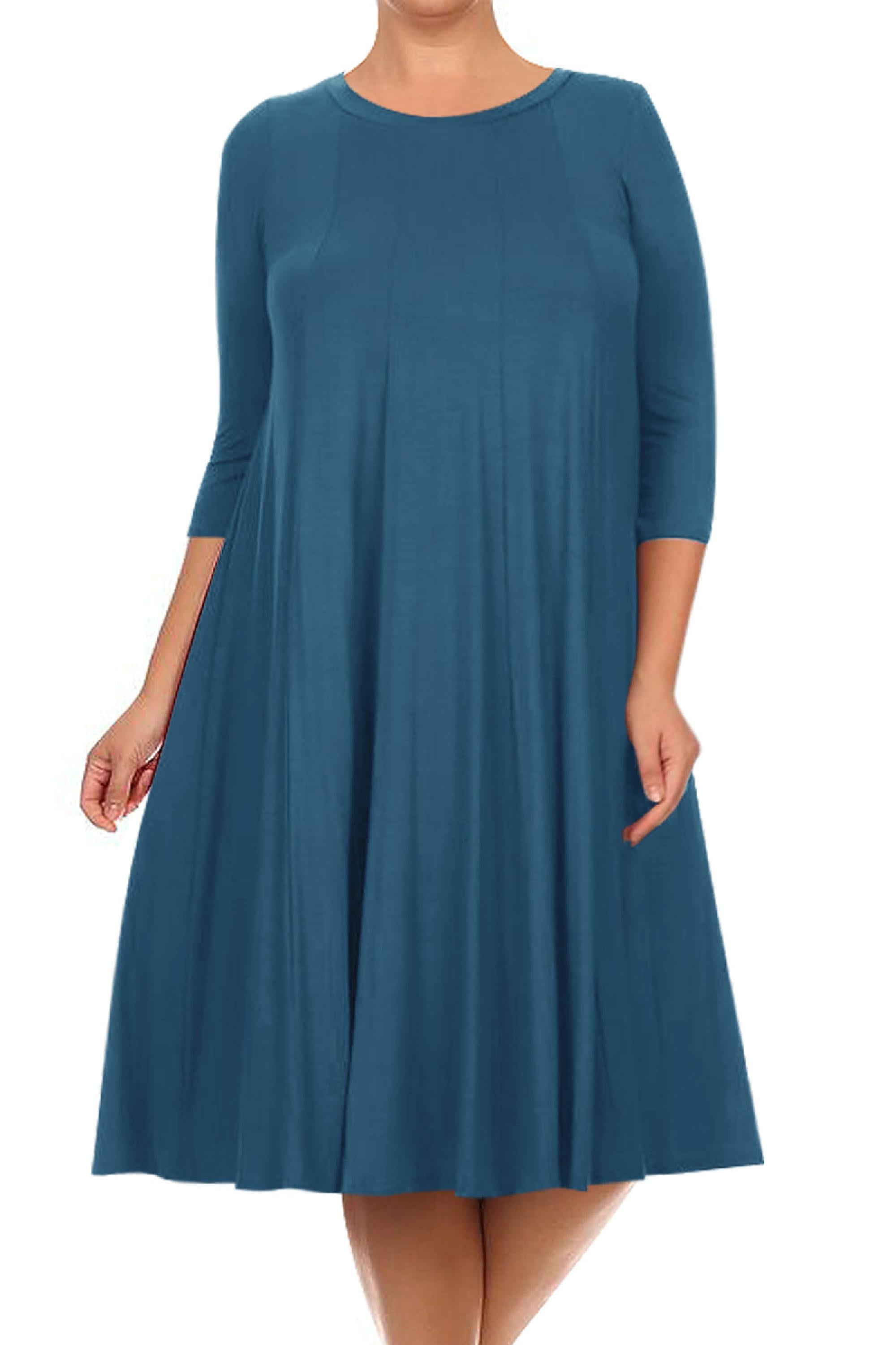 Women's Plus Size Casual 3/4 Sleeves Basic A-Line Pleated Solid Midi Dress Made in USA
