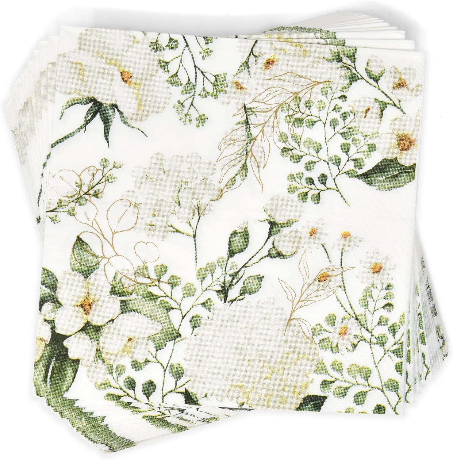 Gift Boutique 100 White Floral Cocktail Beverage Napkins Disposable Paper Spring Blossom Flowers Greenery Dessert Napkin for Wedding Holiday Bridal & Baby Shower Tableware Party Supplies