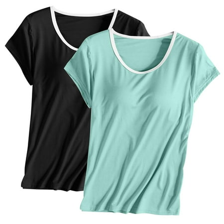 Ousvtion Clearance 2PC Built-In Bra T-Shirt for Womens Padded Active Tops Summer Short Sleeves Blouses Soft Pajama Casual Shirts Workou Tops Clearance Under $15 (Black#06 X-Large)
