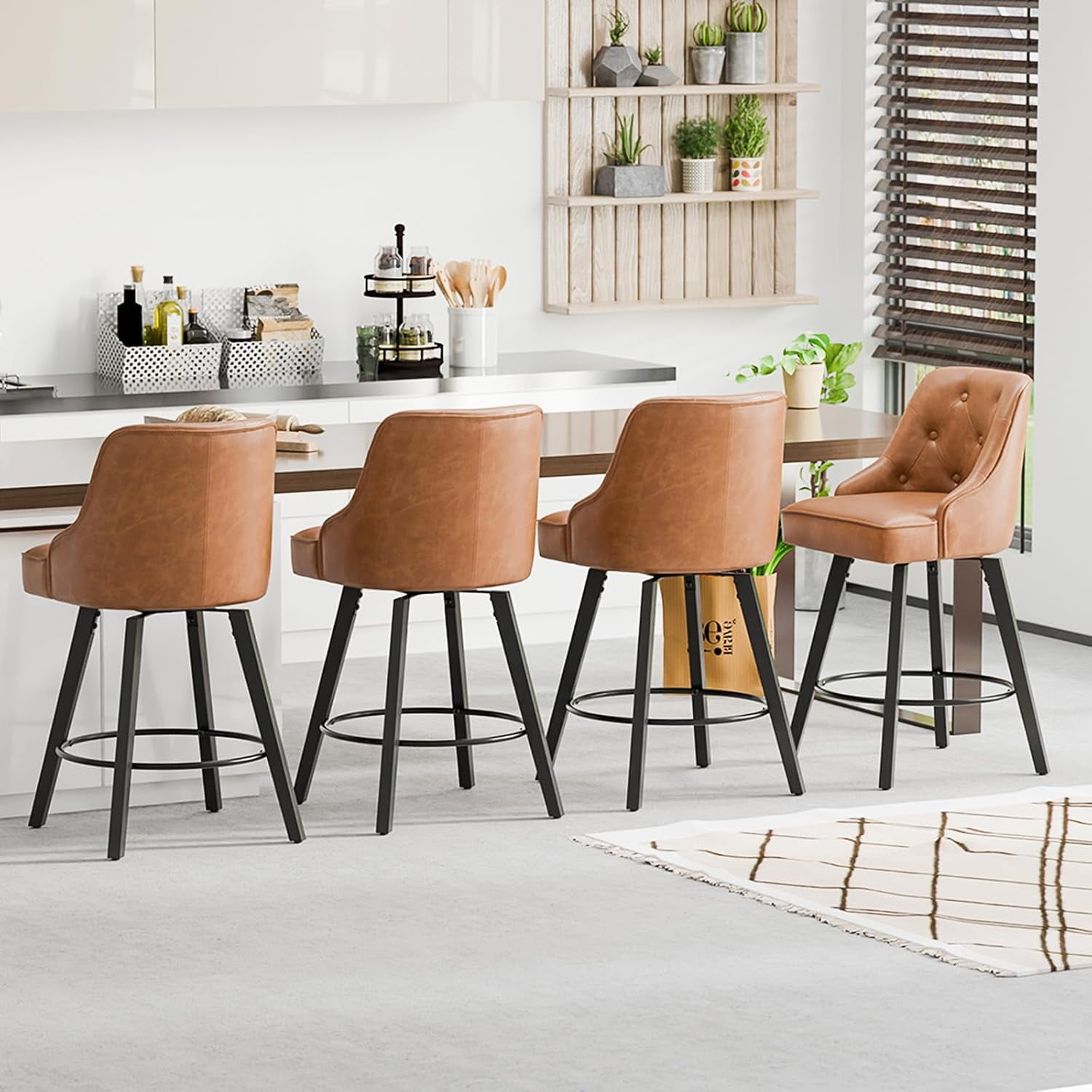 VINGLI 26" H Swivel Barstools Set of 2, Linen Fabric Upholstered Counter Stool with Back, Kitchen High Chairs Counter Height Bar Stools with Cushion, Solid Wood Legs, Beige