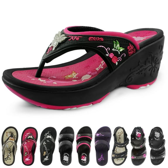 GP Wedge Platform Flip Flop Sandals for Women: 9079 Black Fuchsia, EU39 (US Size 7.5 - 8)