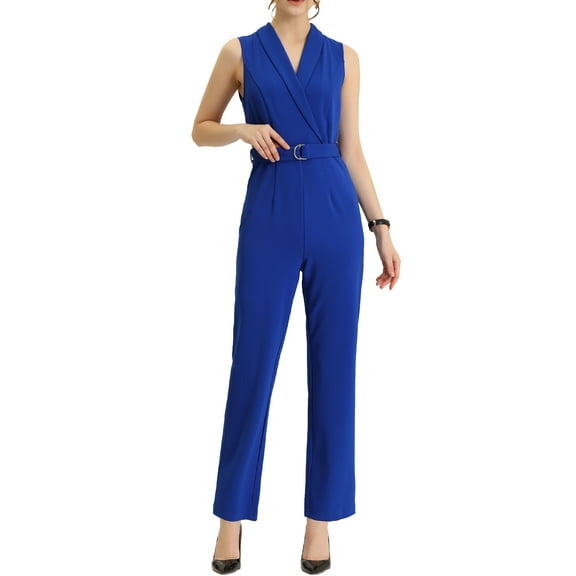 INSPIRE CHIC Women's Sleeveless Shawl Collar Office Belted Cropped Jumpsuit Romper XS Royal Blue