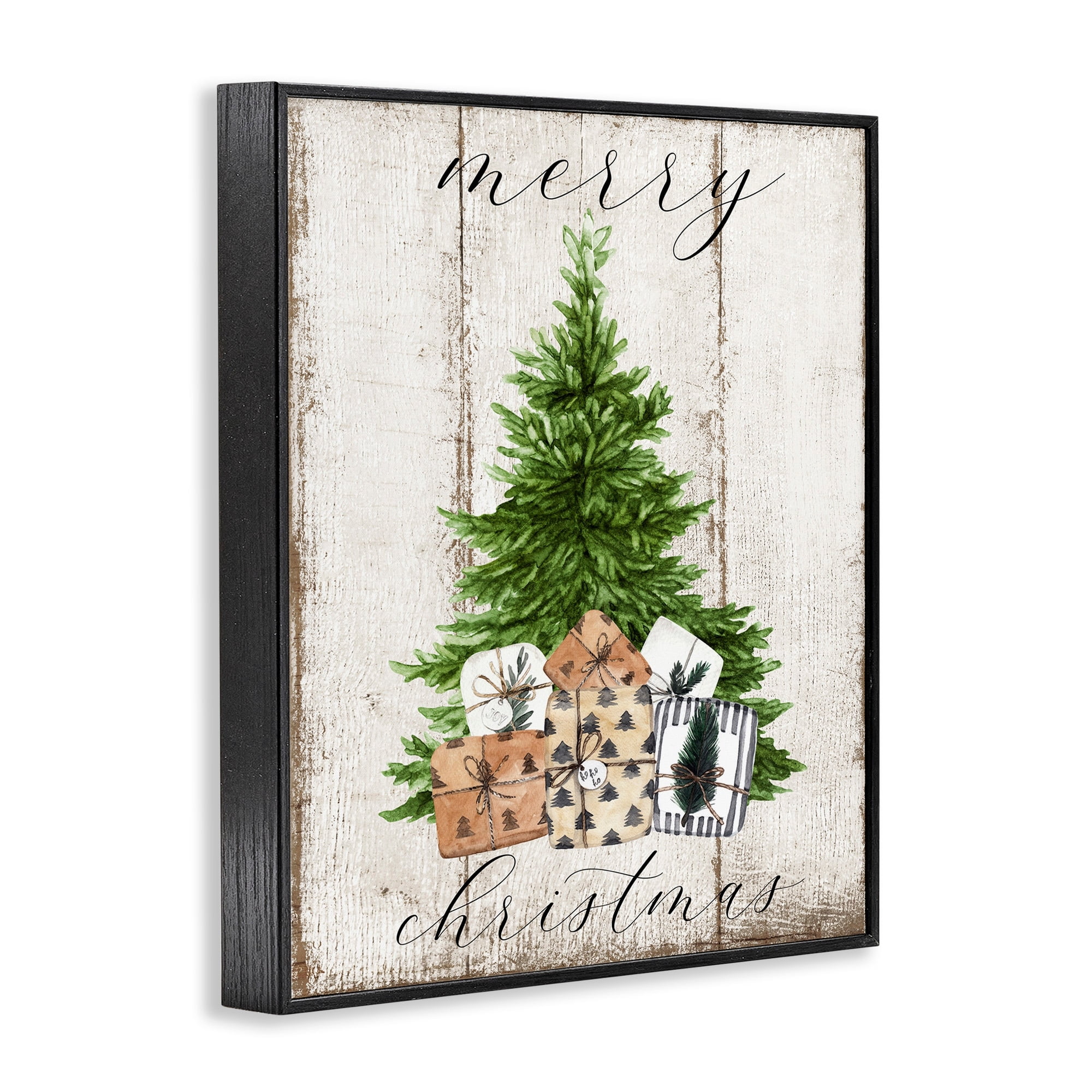 Stupell Industries Rustic Distressed Merry Christmas Tree Illustration Design by Deborah Brown, 24" x 30", Black Framed