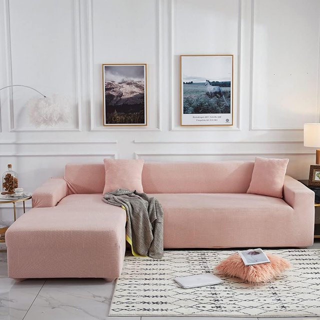 Housse de Canapé Sectionnel 2 Pcs en Polyester Extensible en Forme de L Couleur Unie Douceur - Rose-2 Places + 2 Places