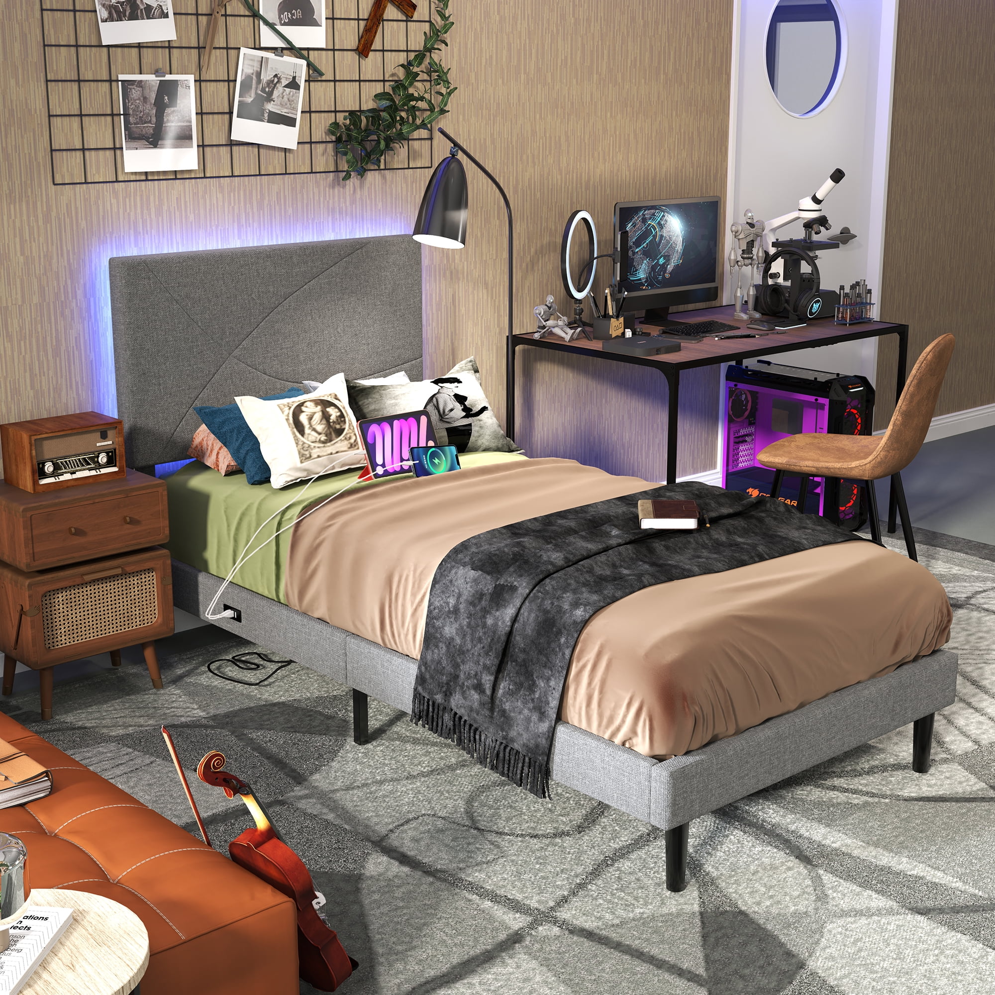 Homy Casa Upholstered Twin Bed with LED Light Strip and Charging Ports for Kids or Teens Room, Grey