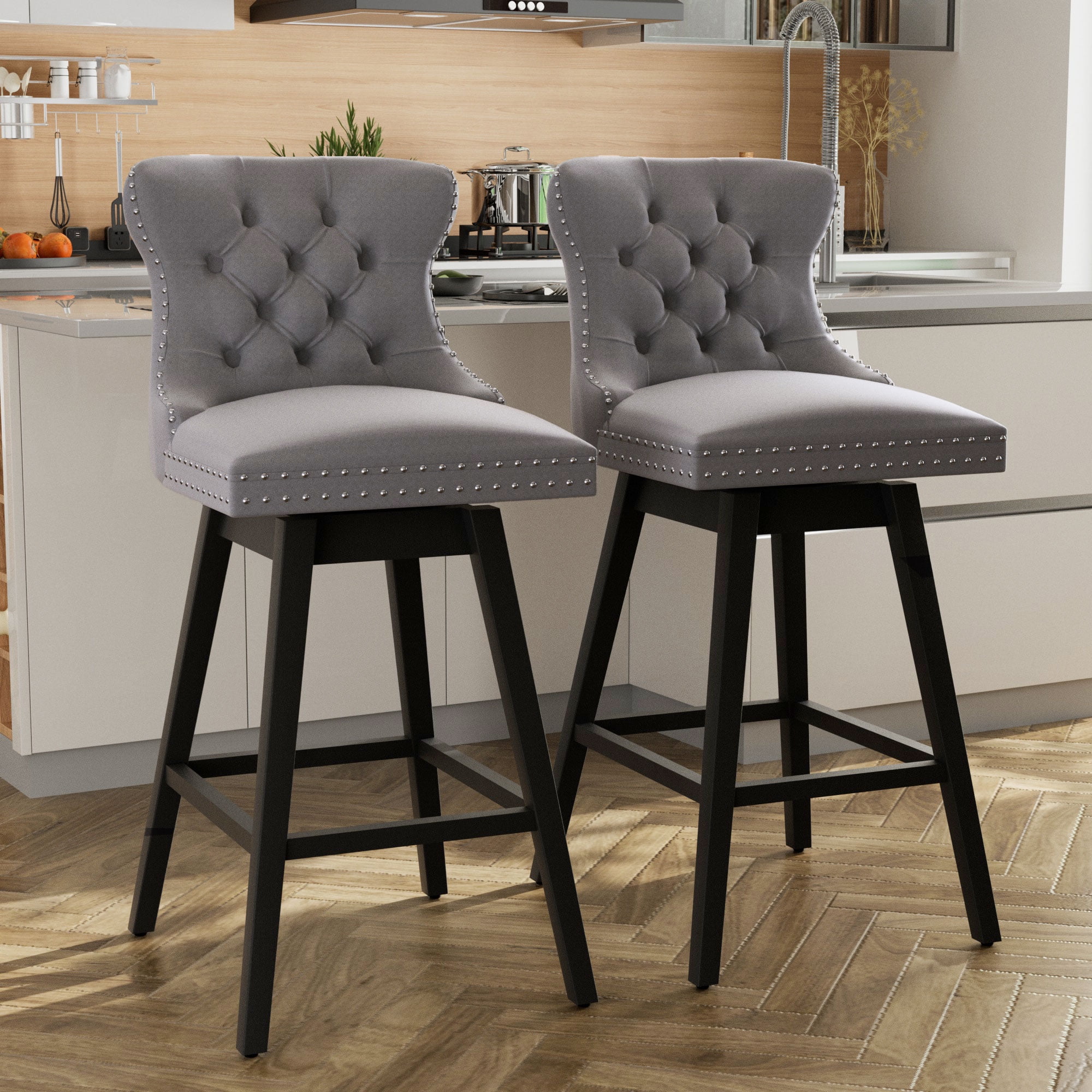 TEWLOSS 26" Swivel Counter Height Bar Stools with Back Set of 2, Gray Velvet Kitchen Stools