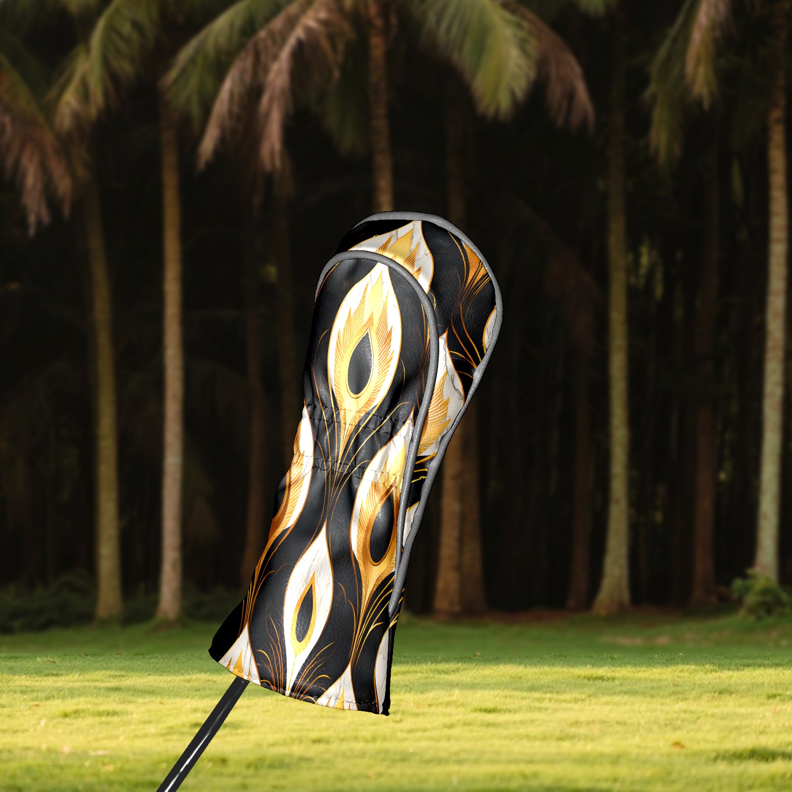 Golf Club Covers, Black Gold Art Pattern Premium PU Leather Driver Hybrid Putter Head Covers with Velvet Lining, Waterproof Golf Gifts for Men Women