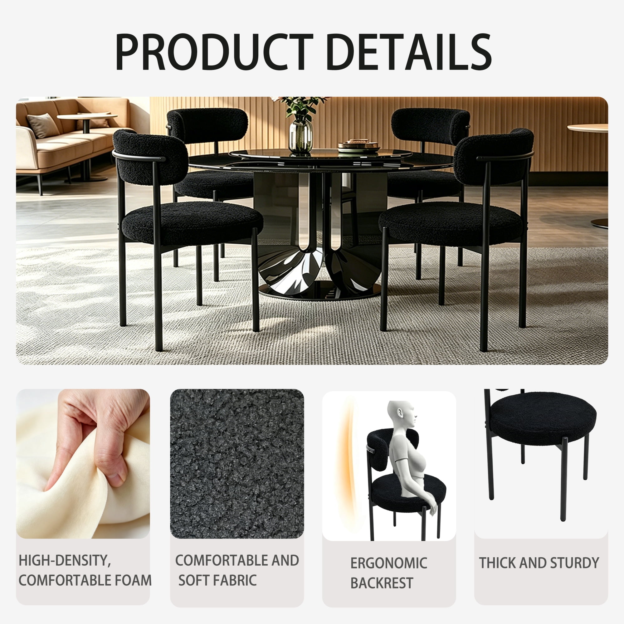 Medieval Modern Dining Chair Set of 4, Round Seat Cushions Black Metal Legs Curved Back, for Restaurants Dining Rooms Kitchen Home, Easy to Assemble, Black