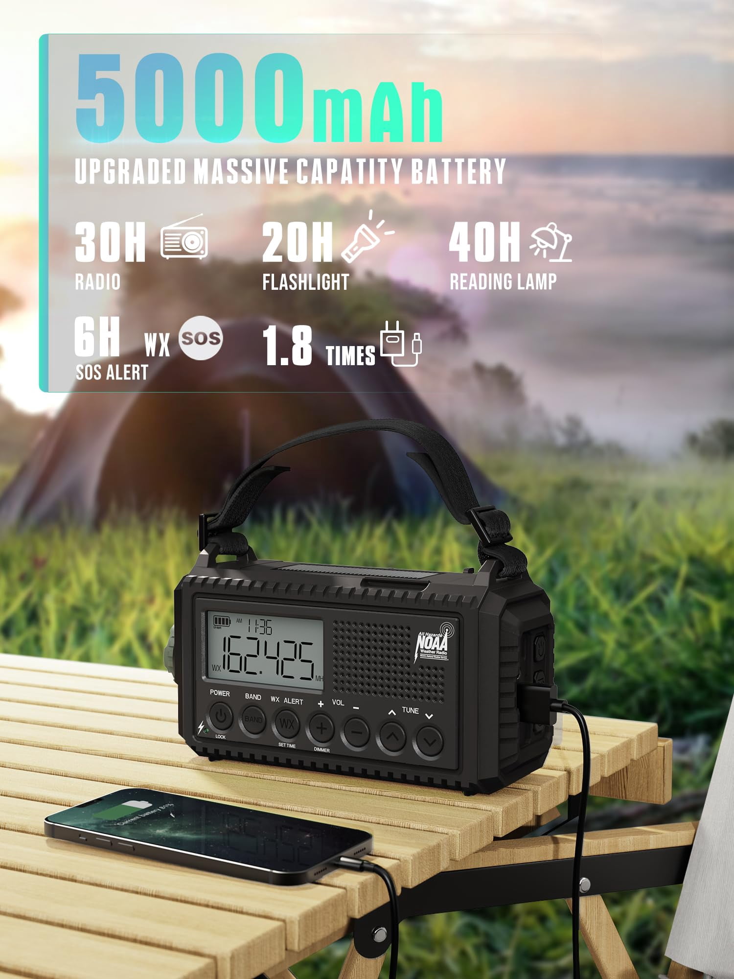 5000 Hand Crank Emergency Radio  Noaa Weather With Backlit Lcd Screen 5 Way Am/fm/shortwave &solar Rechargeable Flashlight & Reading Light Sos Alarm Cell Phone