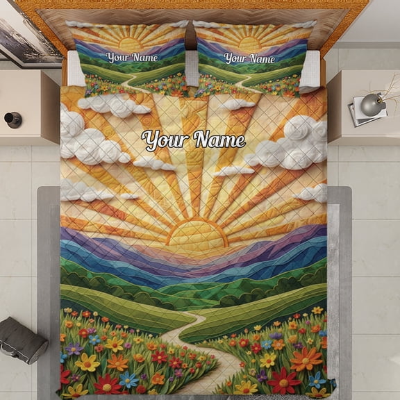 Lotusprinthandmade Floral Sunrise Landscape Quilt Bedding Set