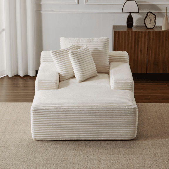 Leumius Oversized Chaise Lounge Indoor,Cozy Cloud Couch Modern Plush Corduroy Upholstered Sofa Bed with 3 Pillows and Wide Armrest for Living Room, No Assembly Required,White
