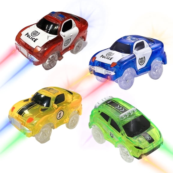 Tracks Cars Only Replacement, Flex Track Race cars for Magic Tracks Glow in the Dark, LED Lights Up Battery Operated Snap N Glow Trax cars Accessories, Compatible with Most Car Tracks  (4pack