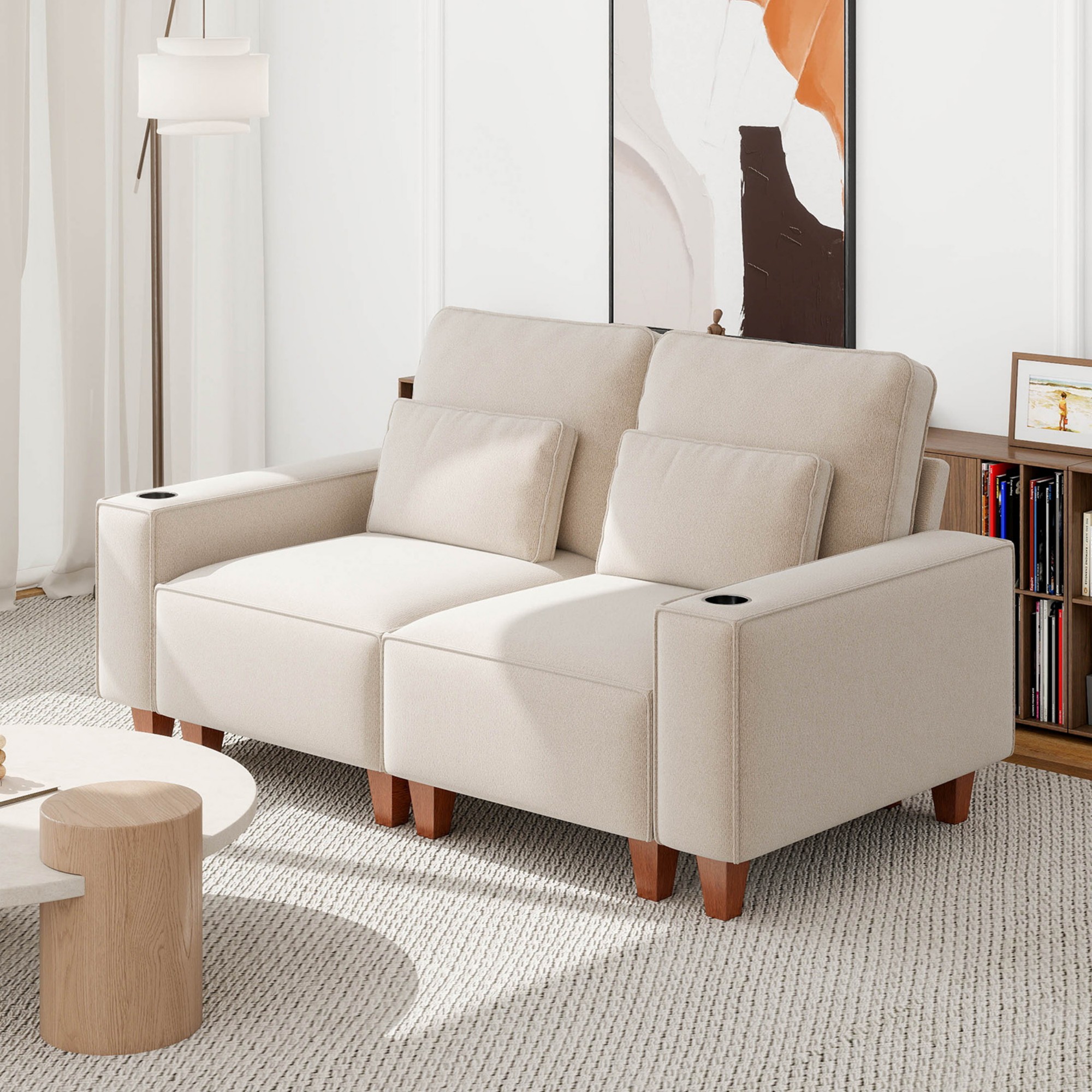 Gewnee Loveseaters Sofa with Wide Armrests,Cup Holders and Pillows,Comfortable WideSeat Sofa for Living Room or Apartment.Beige