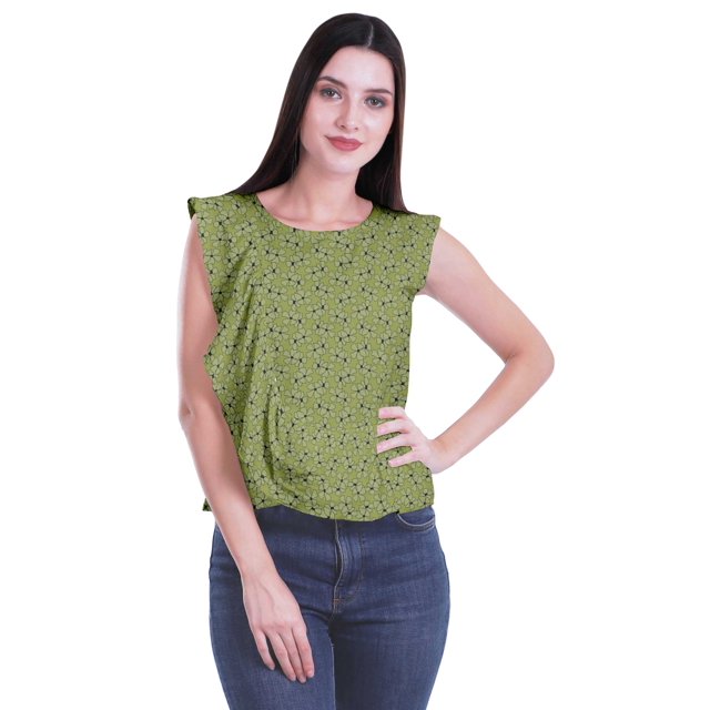 Moomaya Hauts pour Femmes Travail Décontracté Imprimé Col Rond à Volants Crop Top Décontracté