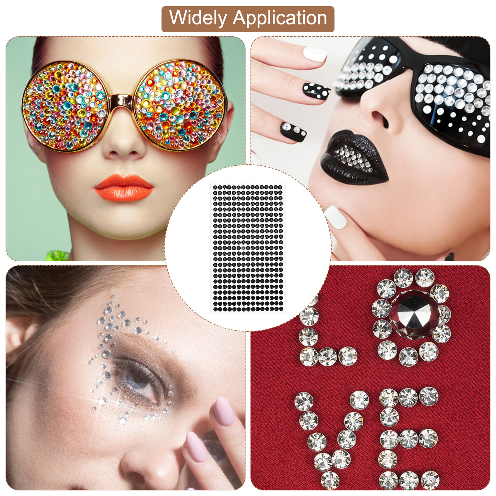 Unique Bargains 4 Sheet Self-Adhesive Round Rhinestone Stickers 2190Pcs 3mm/5mm Black