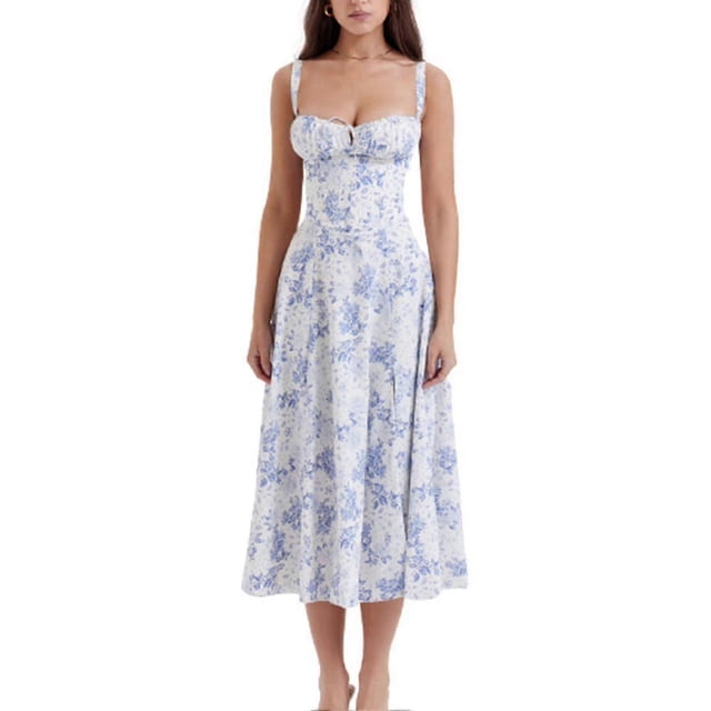 Fashion Print Bustier Sundress Drawstring Lace Sleeveless Dress For Women