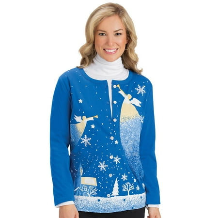 - Women's Christmas Button Down Cardigan with Angel and Snowflakes, Blue, Large
