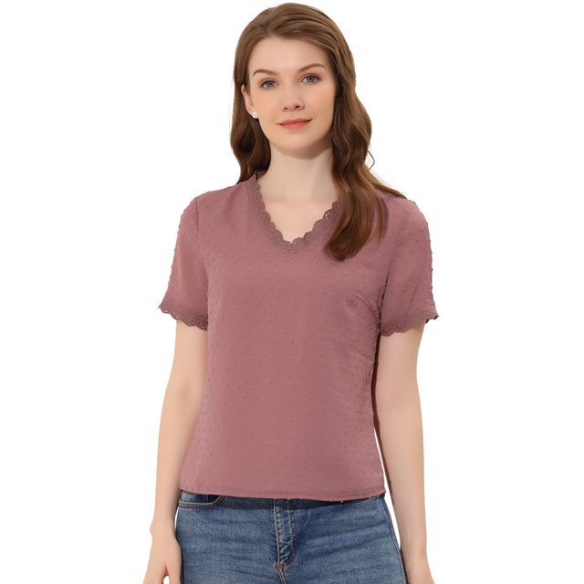 Blusa Informal Allegra K con Cuello En V Y Manga Corta Para Mujer Con Puntos Suizos Semitransparentes Baya Apagada M
