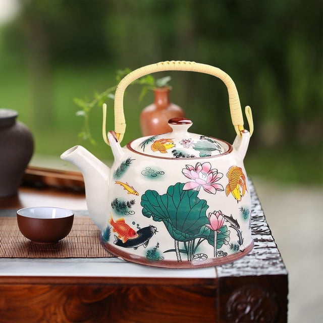 Ceramicé de té de té Heta de agua 900 ml de mango ergonómico con cafetera para la cafetera para la casa del hotel BBQ Housewarming Regalo pescado y loto