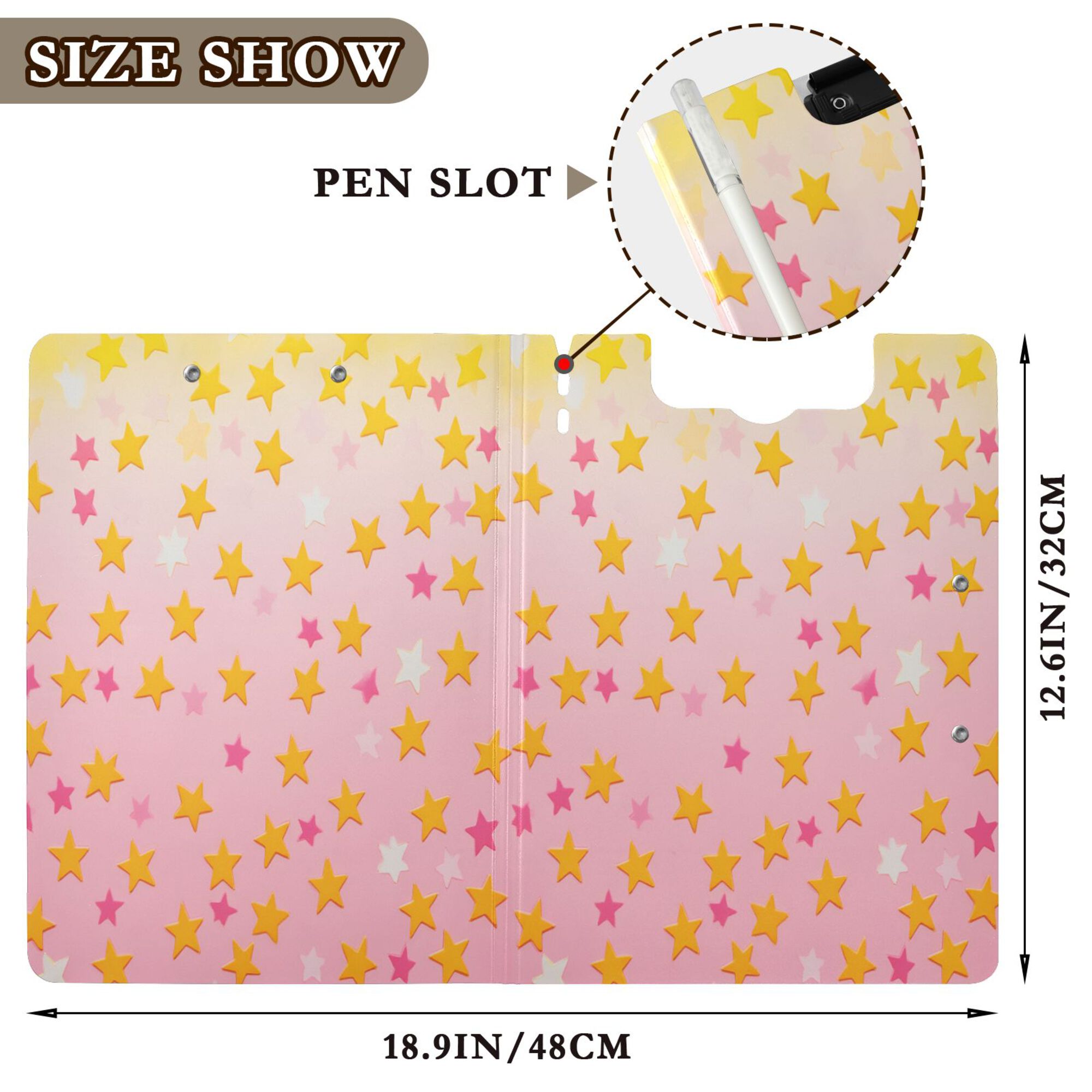 FORMRS A4 Clipboard Folder with Pen Holder Horizontal Foldable School Office Binder, Gradient Pink Stars