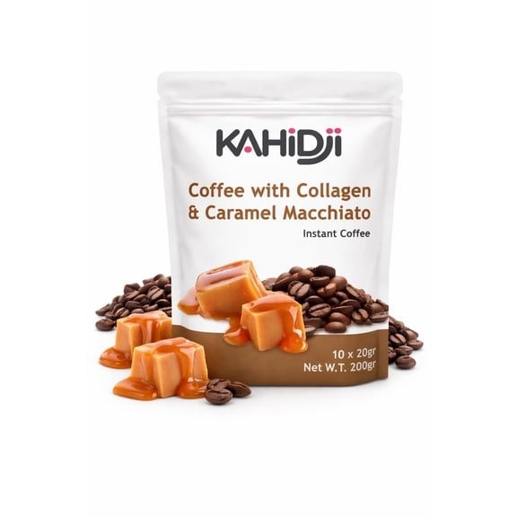 KAHIDJI Instant Coffee with Grass-Fed Collagen – Caramel Macchiato Flavor, 10 Sachets (20 g Each)