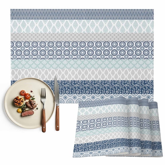 Boho Placemats Set of 4, Blue Grey Abstract Geometric Table Mats Washable Heat-Resistant Non-Slip Place Mats for Kitchen Dinner Table Indoor Outdoor Decor,13x19 Inch