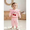thumbnail image 4 of Qmyliery Toddler Baby Girl Fall Outfits Goose/Bow Cherry Embroidered Striped Long Sleeve Tops with Pants 2 Pcs Set, 4 of 9