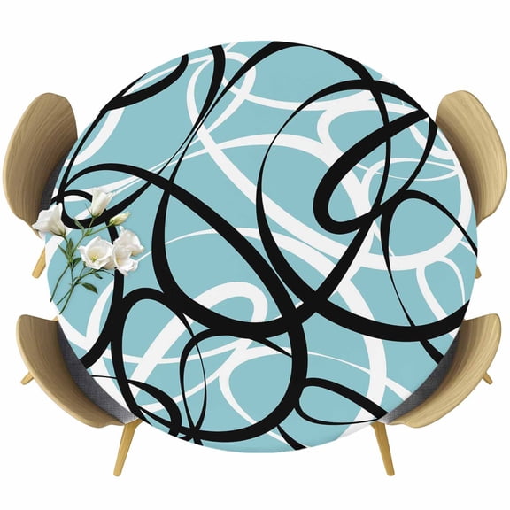 Aqua Geometric Round Tablecloth, Fitted Table Cover with Elastic for 36"-44" Round Tables, Modern Black White Striped Abstract Lines Table Cloth Outdoor Indoor Dinning Party Waterproof Tablecloths
